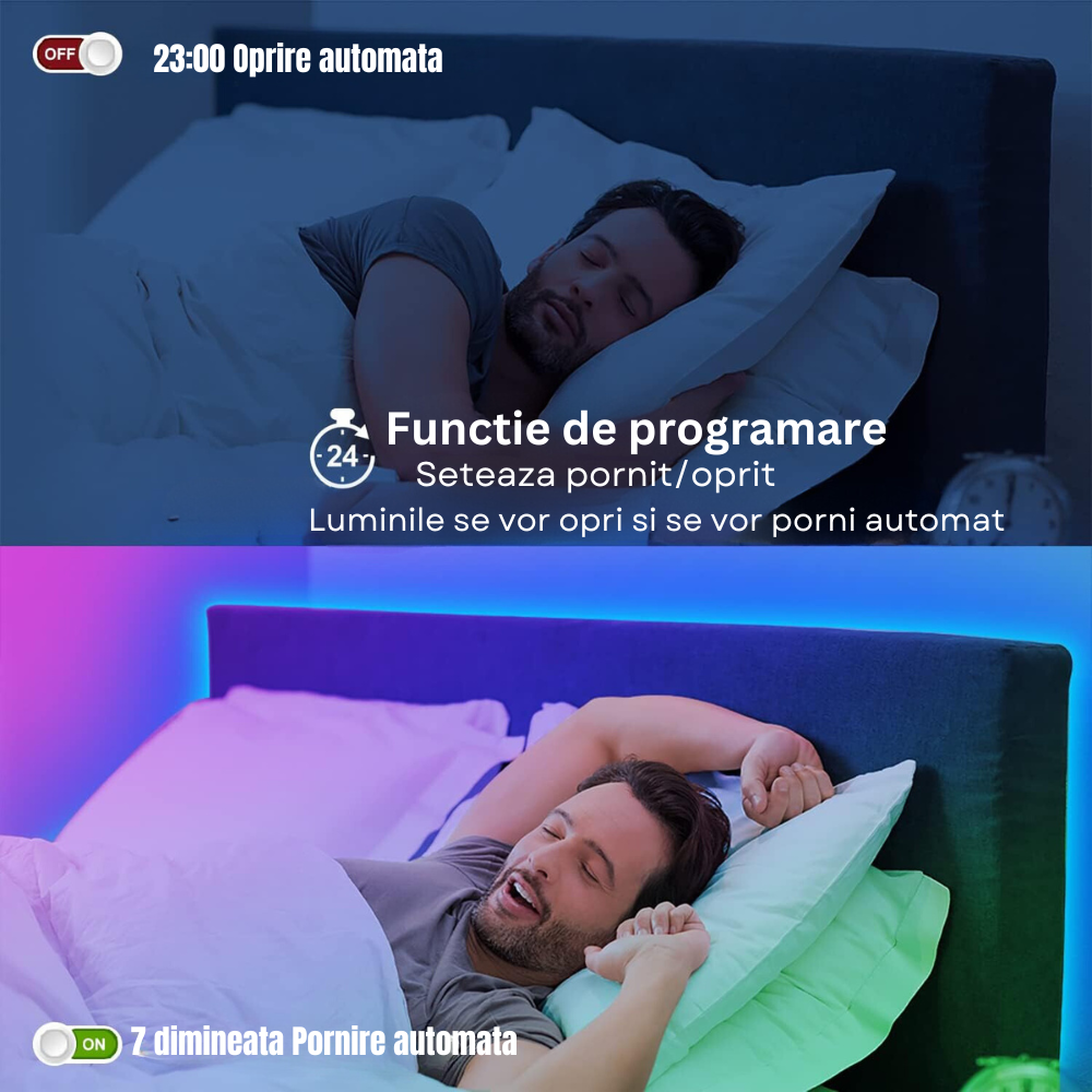 Banda Led RGB BIRAI®, 10 Metri, IP68 Impermeabil, Aplicatie SMART, Bluetooth, Oprire Automata, Modul Microfon, Intensitate Lumina Reglabila, WI-FI, Timer On/Off, Telecomanda, Control Voce, Modul Muzica, Rezistenta la Apa, Multicolor 5 Banda Led Luminare Functie de Programare_5