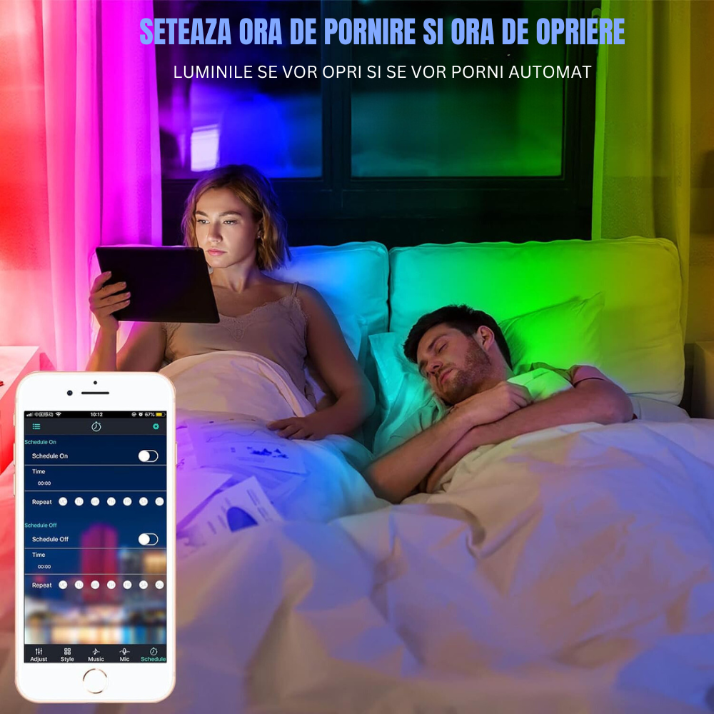Banda Led RGB BIRAI®, 10 Metri, IP68 Impermeabil, Aplicatie SMART, Bluetooth, Oprire Automata, Modul Microfon, Intensitate Lumina Reglabila, WI-FI, Timer On/Off, Telecomanda, Control Voce, Modul Muzica, Rezistenta la Apa, Multicolor 4 Banda Led Luminare Setare Ora_4