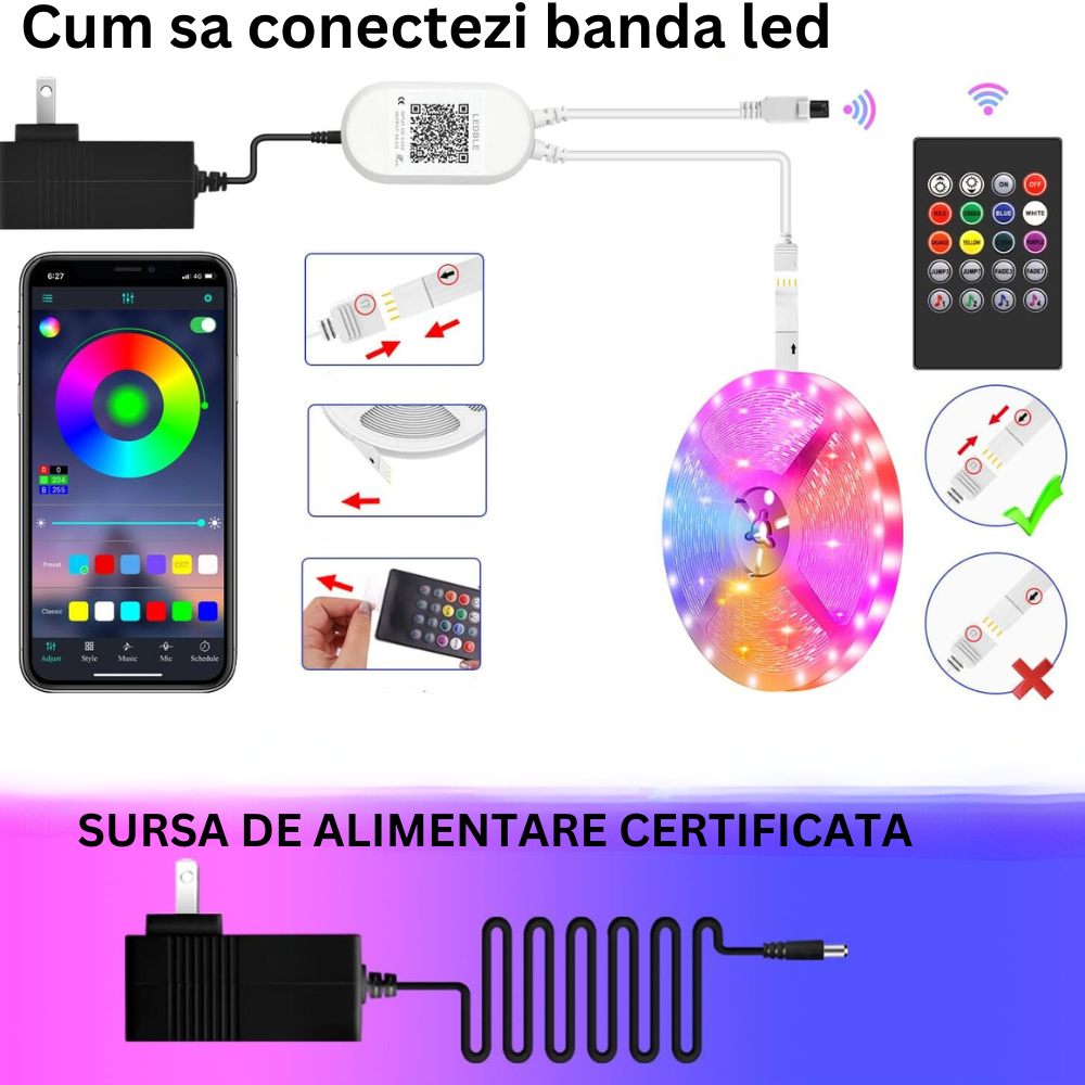 Banda Led RGB BIRAI®, 10 Metri, IP68 Impermeabil, Aplicatie SMART, Bluetooth, Oprire Automata, Modul Microfon, Intensitate Lumina Reglabila, WI-FI, Timer On/Off, Telecomanda, Control Voce, Modul Muzica, Rezistenta la Apa, Multicolor 2 Banda Led Luminare Conectare_2