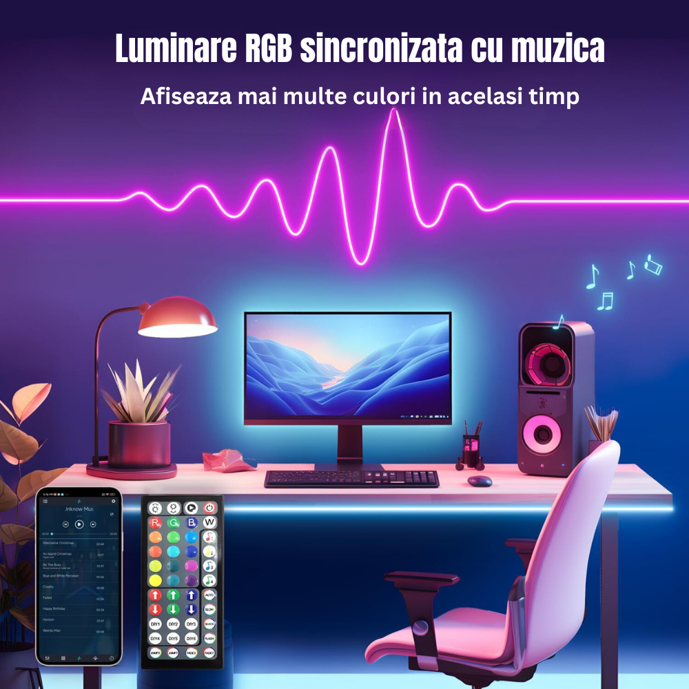Banda Led RGB BIRAI®, 10 Metri, IP68 Impermeabil, Aplicatie SMART, Bluetooth, Oprire Automata, Modul Microfon, Intensitate Lumina Reglabila, WI-FI, Timer On/Off, Telecomanda, Control Voce, Modul Muzica, Rezistenta la Apa, Multicolor 1 Banda Led Luminare RGB Sincronizata cu muzica_1