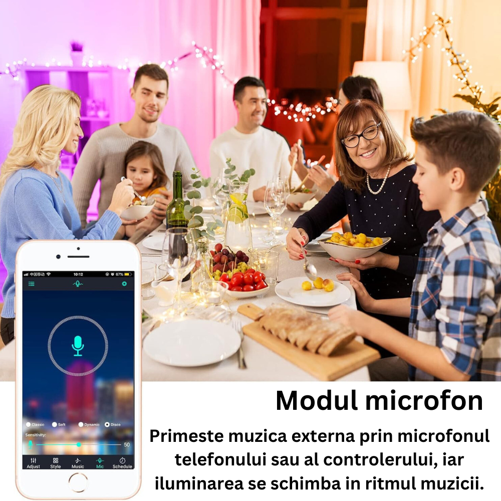 Banda Led RGB BIRAI®, 10 Metri, IP68 Impermeabil, Aplicatie SMART, Bluetooth, Oprire Automata, Modul Microfon, Intensitate Lumina Reglabila, WI-FI, Timer On/Off, Telecomanda, Control Voce, Modul Muzica, Rezistenta la Apa, Multicolor 6 Banda Led Luminare Microfon_6