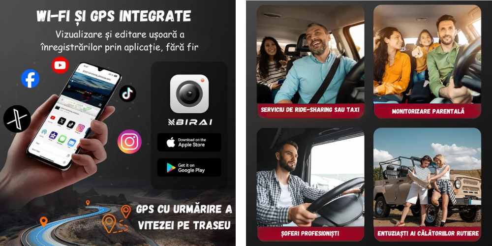 camera auto BIRAI RoadPro A215 4K WiFi cu GPS si aplicatie mobila
